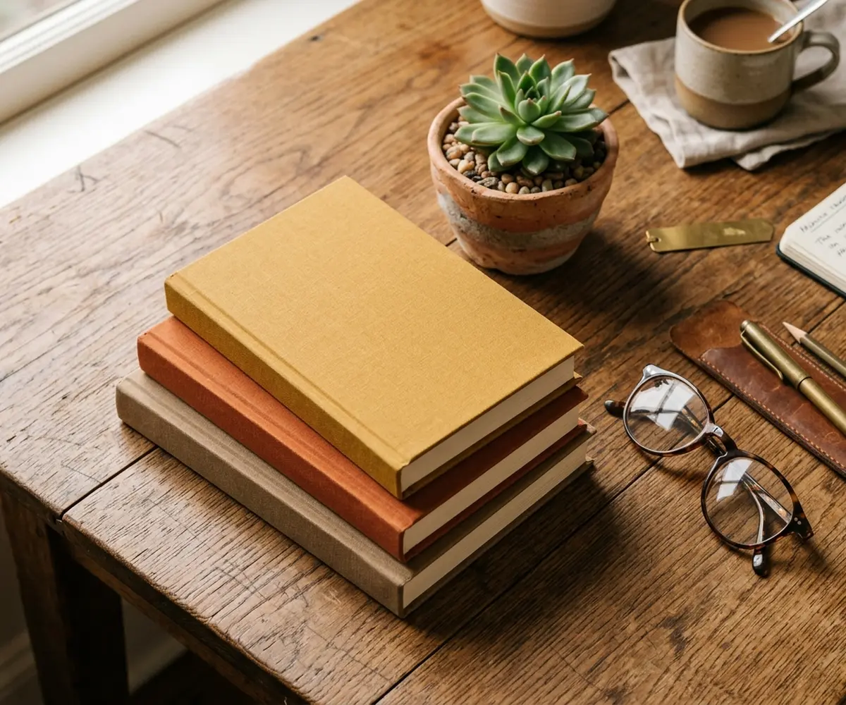 Stapel boeken over persoonlijke financiën op een houten bureau