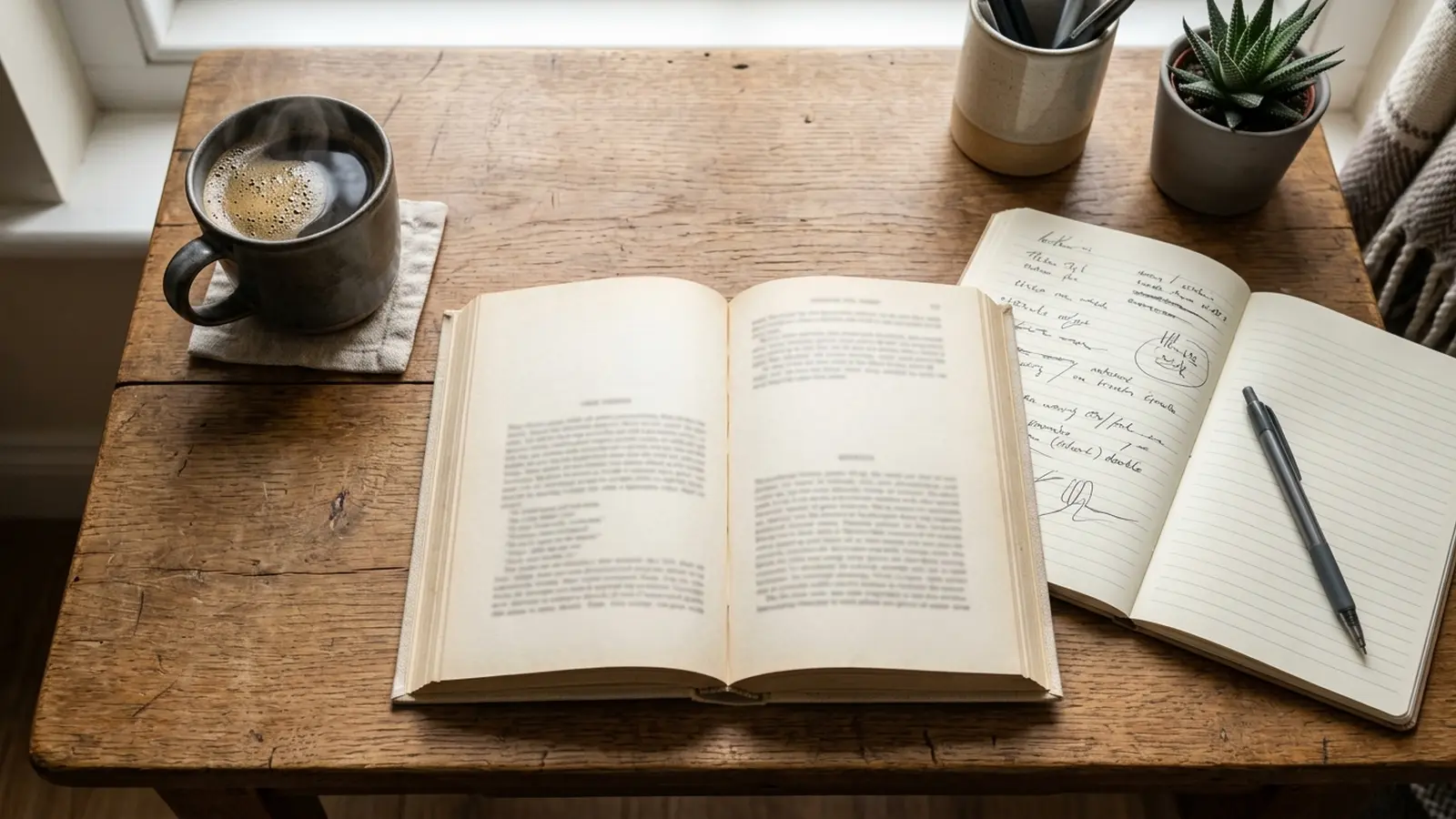 Boek Nooit meer geld tekort opengeslagen op een bureau naast een kop koffie en notitieboekje