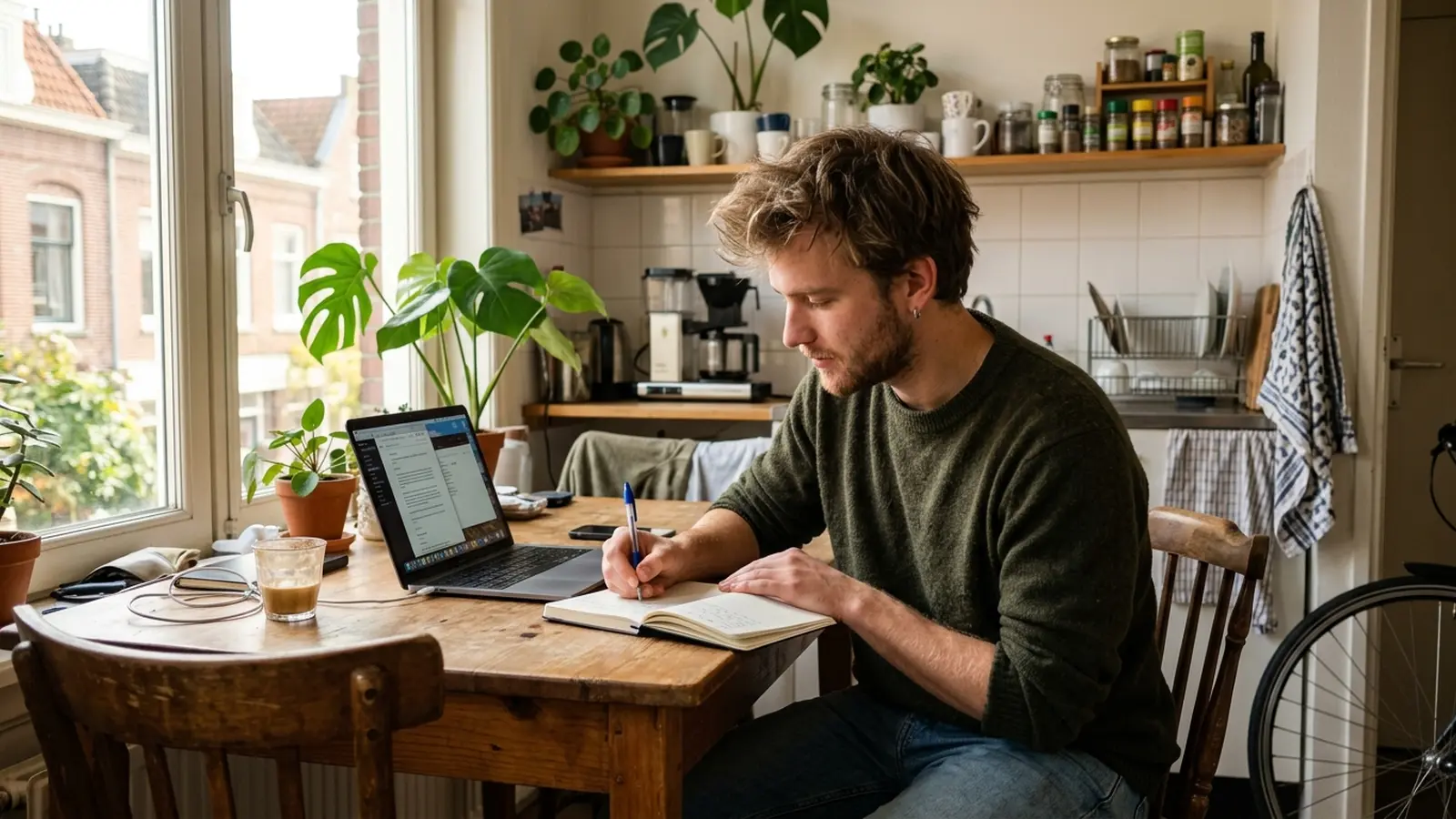 Jonge man aan een keukentafel die uitgaven bijhoudt in een notitieboekje naast zijn laptop