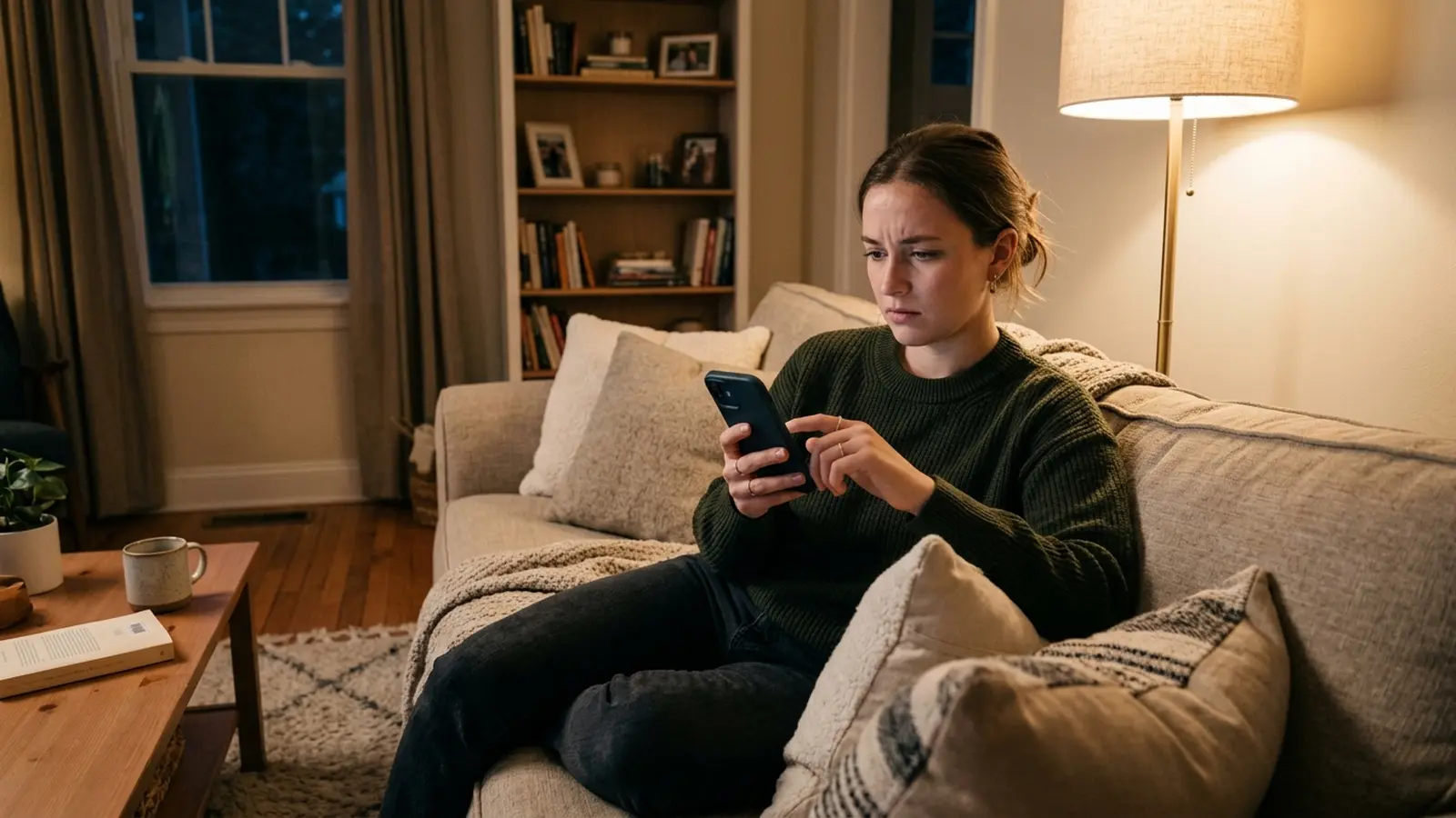 Jonge vrouw kijkt op haar telefoon naar een overzicht van openstaande achteraf-betalen-facturen