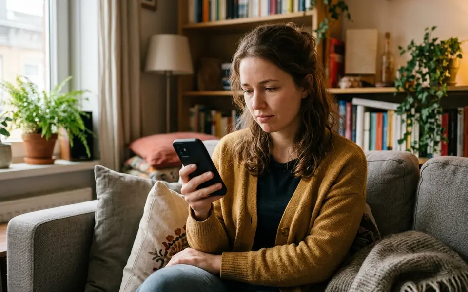 Jonge vrouw kijkt bezorgd naar meldingen van betaalherinneringen op haar telefoon