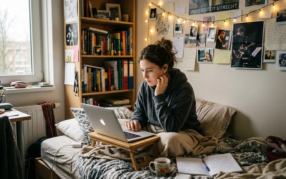 Student bekijkt haar DUO-overzicht op een laptop in een studentenkamer