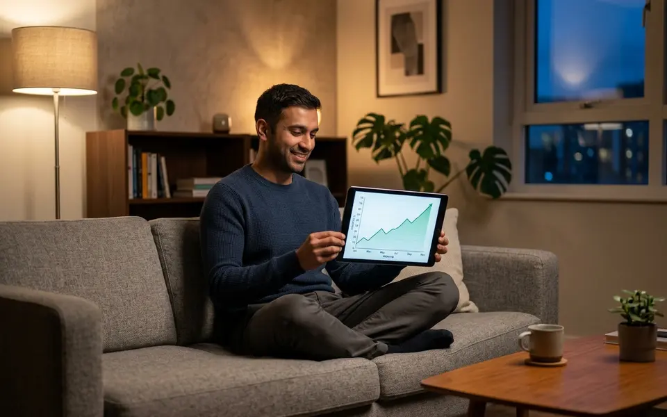 Man van begin dertig bekijkt grafieken van zijn beleggingsportefeuille op een tablet